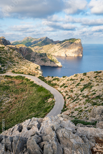 Cyclist, road Ma2210,. Cap de Formentor, Mallorca, Spain