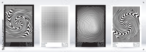 Geometrical Poster Design with Optical Illusion Effect.  Minimal Psychedelic Cover Page Collection. Monochrome Wave Lines Background. Fluid Stripes Art. Swiss Design. Vector Illustration for Placard.