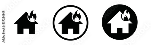 Fire house icon vector set. House insurance property sign silhouette. House on fire symbol illustration