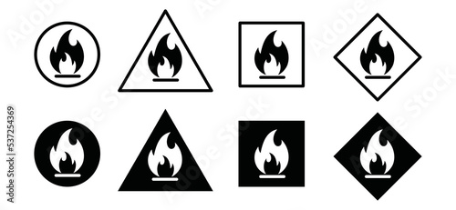 Flammable material warning icon vector collection. Warning to light a fire sign. Fire warning or hazard sign