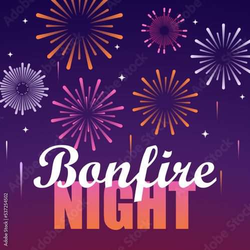 Bonfire night vector banner. Guy Fawkes day Britain festival background with fireworks and text.