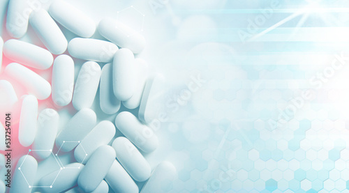 Pharmaceuticals, pills and an empty space under the text. Medicines. Medicine and healthcare background