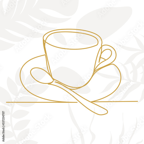 mug with saucer one continuous line drawing, isolated vector