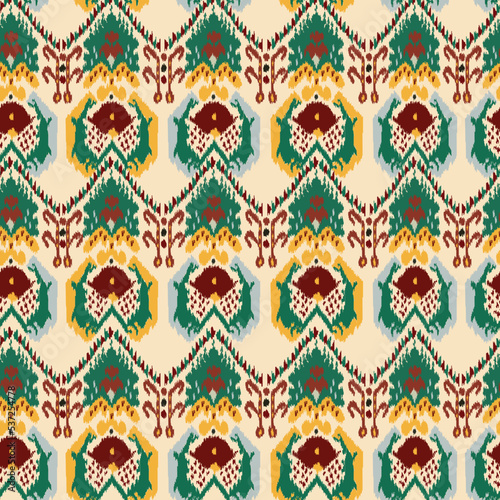 Digital ikat pattern for silk fabrcs. Traditional textile productin Uzbekistan and other countries of Central Asian region. Beautiful adras or atlas in uzbek language. Margilan city. 