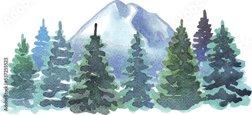 Forest and mountains. Watercolor illustration © Alena