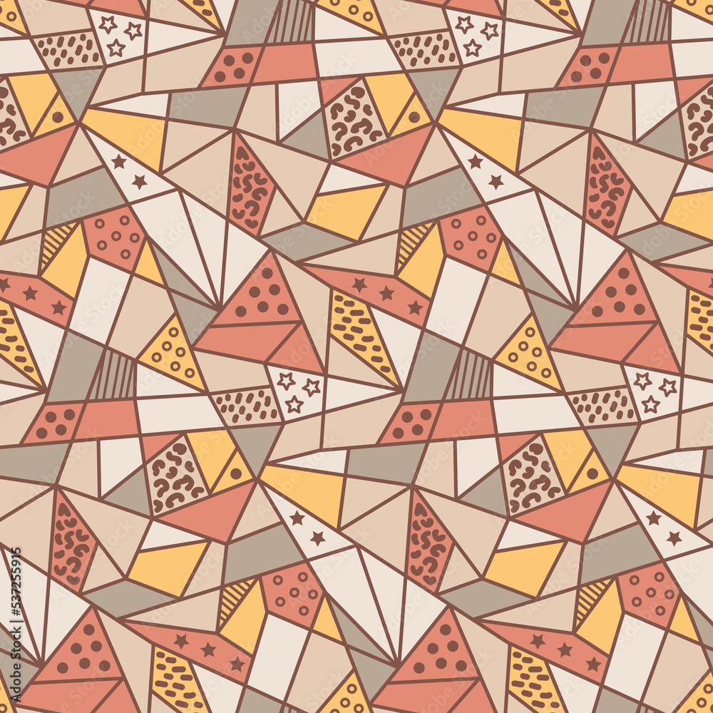 Yellow brown beige white stained glass seamless pattern, colorful abstract background, kaleidoscope vector illustration