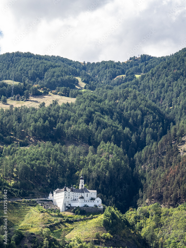 landscape in South Tyrol in Italy and Marienberg Abbey