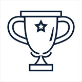 Pictogram of trophy. Logo first prize winner. Success symbol. Champion cup, grand victory.Isolated vector design of reward. Celebration emblem. Infographic element. Award ceremony. Black logo isolated