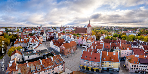 A picturesque panorama of Olsztyn old town in autumn.
