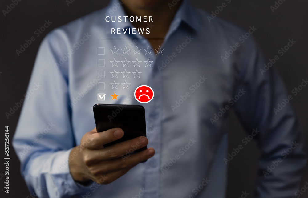 Customer Review Experience Dissatisfied A selection of 1-star rating reviews with sad faces on smartphone screens. negative feedback concept Customer Review Experience Dissatisfied A selection of 1-star rating reviews with sad faces on smartphone screens. negative feedback concept