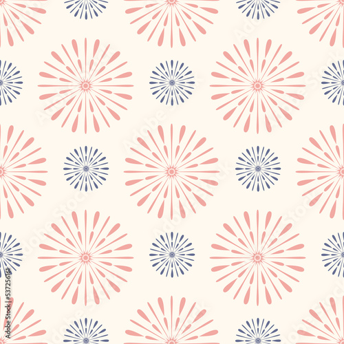 Salute splashes on white seamless pattern for textile and packaging design, symmetrical mandala vector illustration © OlgaKorica