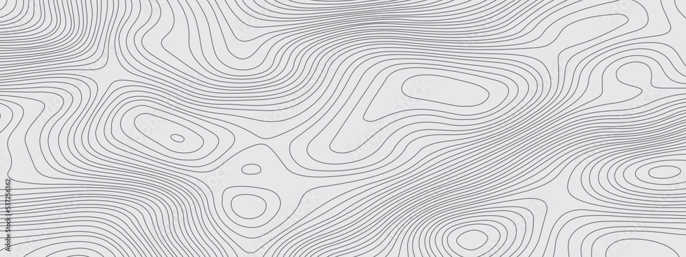 Gray and white wavy abstract topographic map contour, lines Pattern background. Topographic map and landscape terrain texture grid. Wavy banner and color geometric form. Vector illustration.