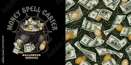 Set of halloween pattern, label with text Spell caster, cauldron full of cash money in vintage style. 100 US dollar banknotes, one dollar coin. Spider and spiderweb made of jewelry gold chains, beads