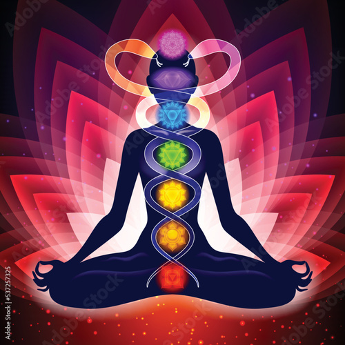 Meditating woman in lotus pose. Kundalini yoga illustration.