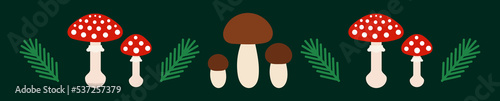Red toadstool mushroom and edible boletes forest green border.