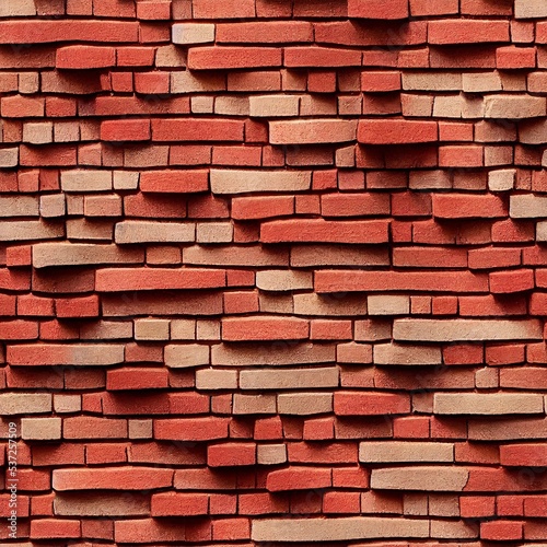 A wall of rectangular red bricks, unaligned bricks popping out the world. Geometric pattern, texture, red and orange, Photo realistic, concept art, background, illustration photo