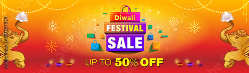 Diwali festival sale or dhanteras banner template design. Shopping bag with text, diwali decoration, fireworks and candle background.