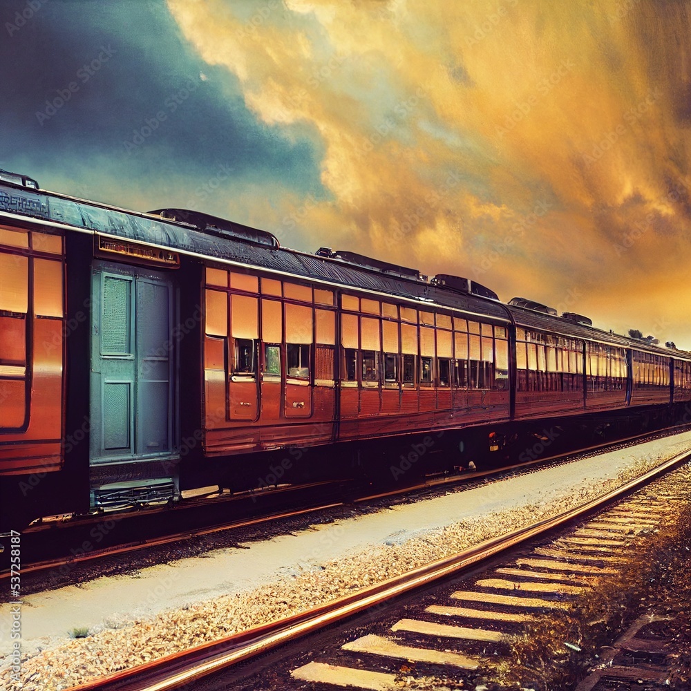A train at the station, railway at the front, clouds in the blue sky and sunset, light reflection on the train windows. Painting, concept art, illustration, wallpaper A train at the station, railway at the front, clouds in the blue sky and sunset, light reflection on the train windows. Painting, concept art, illustration, wallpaper