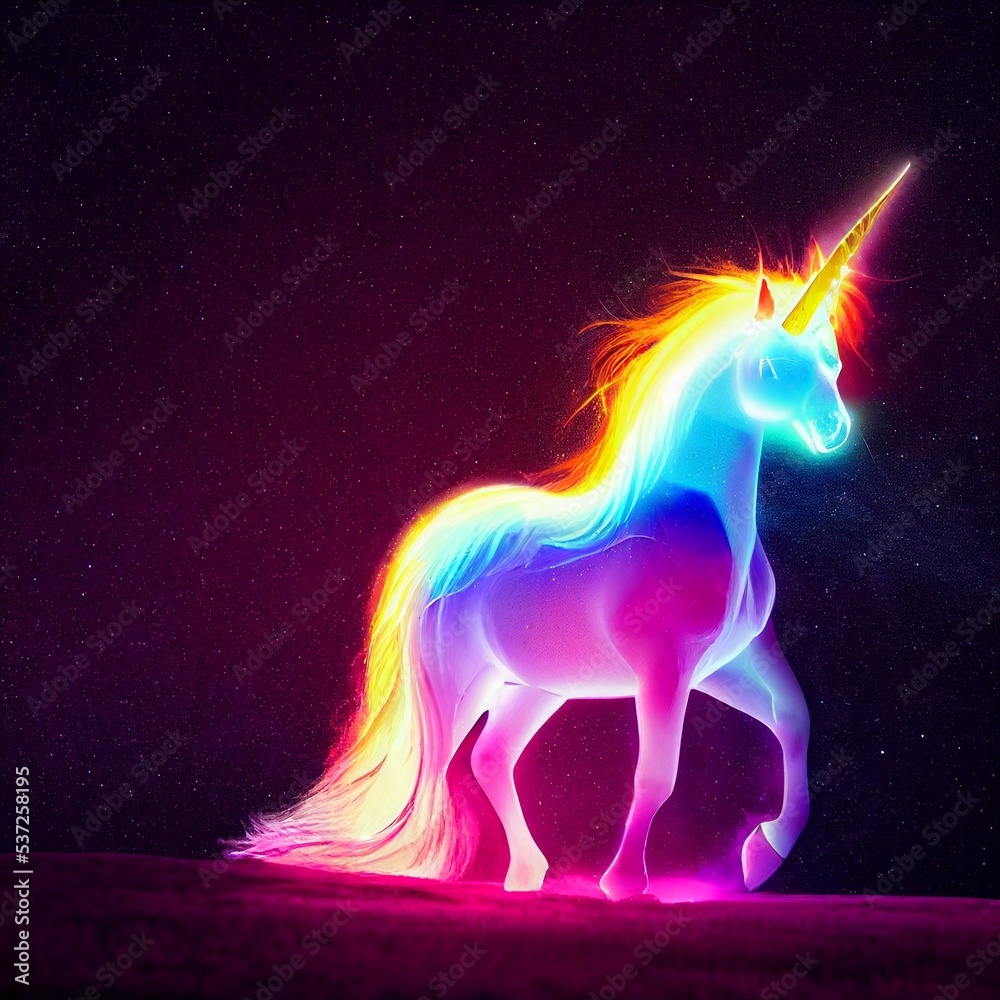 A beautiful unicorn glowing in the dark, vibrant neon colors, blue ...