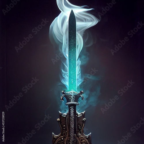 A beautiful sword made of metal surrounded by smoke and magical energy. Knight, medieval sword, heavy fantasy weapon, Photo realistic, concept art, background, illustration photo