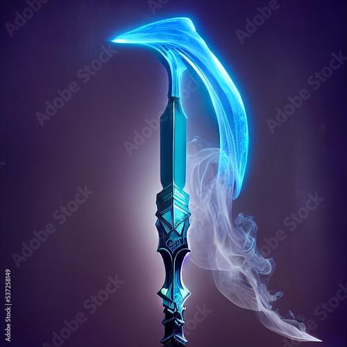 A beautiful sword made of metal surrounded by smoke and magical energy. Knight, medieval sword, heavy fantasy weapon, Photo realistic, concept art, background, illustration photo