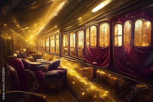 Fotografia A beautiful train interior, inspired by orient expression, luxury, beautiful leather sofa and chairs, ornaments and decorations