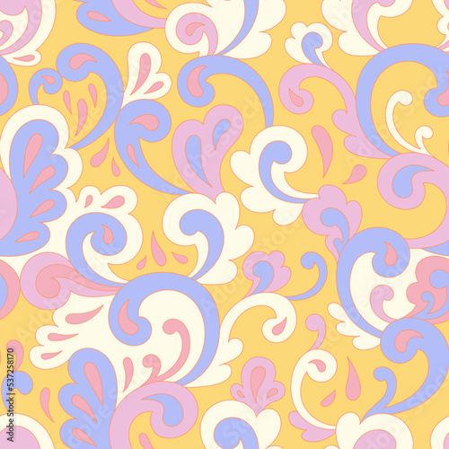 Retro psychedelic hippie design for package, branding, textile, stationery, wraping paper, gift cards, any surface. Abstract vintage fashion print. Old style groovy 60s 70s vector seamless pattern.