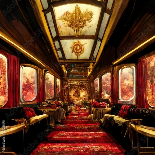 Murais de parede A beautiful train interior, inspired by orient expression, luxury, beautiful leather sofa and chairs, ornaments and decorations
