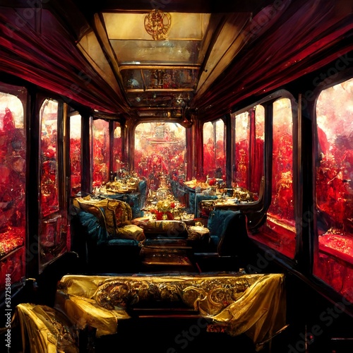 Canvastavla A beautiful train interior, inspired by orient expression, luxury, beautiful leather sofa and chairs, ornaments and decorations