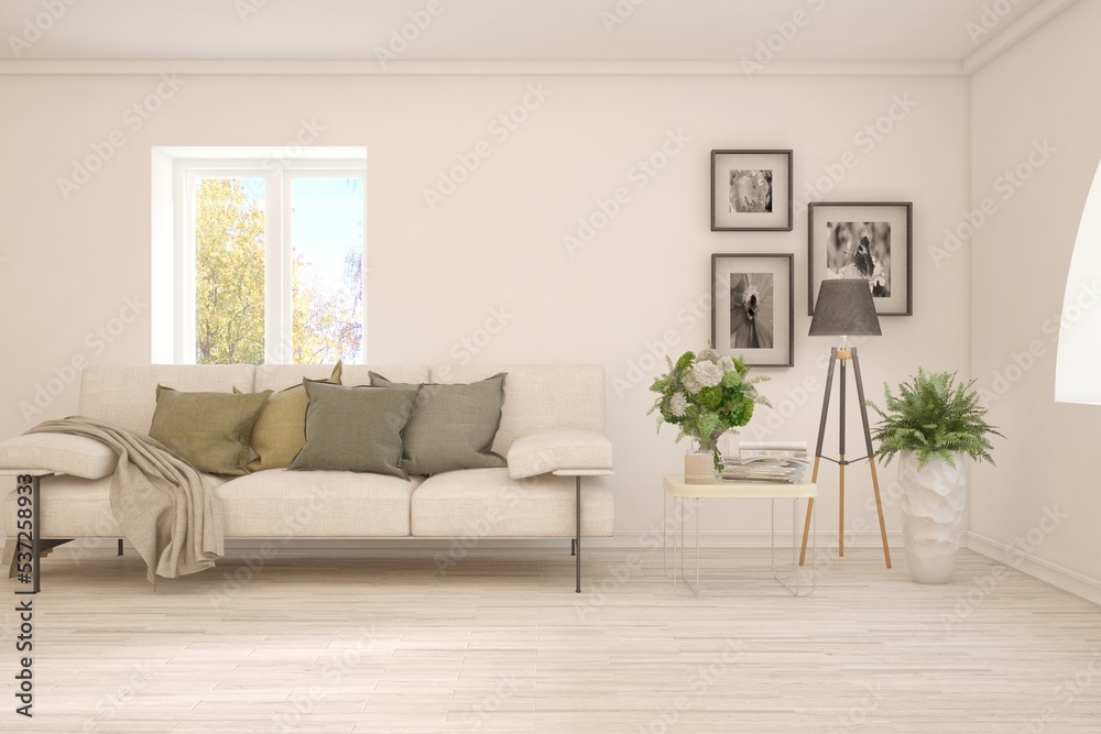 Stylish room in white color with sofa and autumn landscape in window. Scandinavian interior design. 3D illustration Stylish room in white color with sofa and autumn landscape in window. Scandinavian interior design. 3D illustration