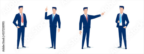 Vector set of business illustration of standing business man in a tie in different pose on white color background. Flat style design of man manager
