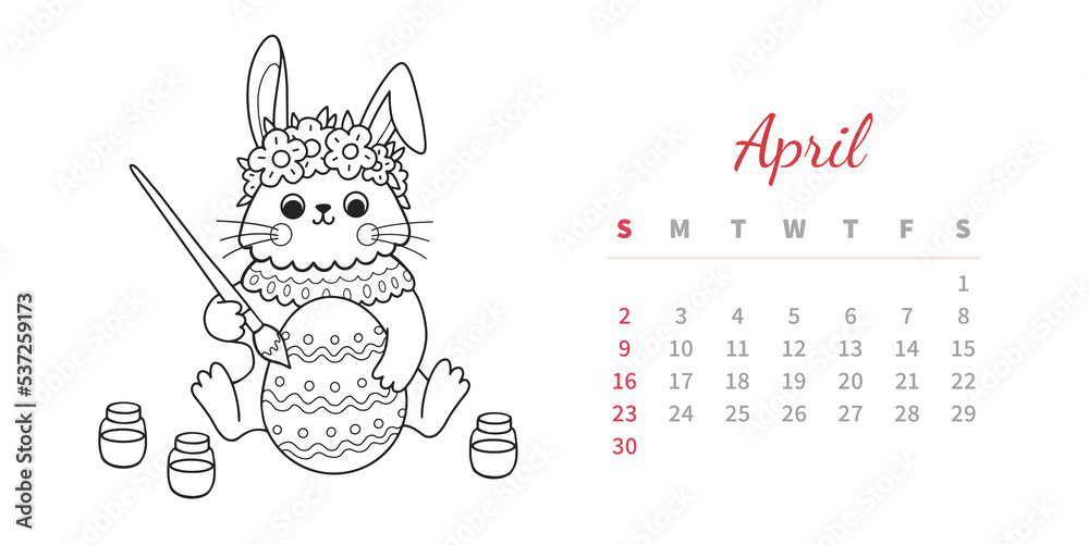 Obraz premium April 2023 horizontal calendar page with cute outline bunny. Rabbit coloring easter egg, happy easter holiday. Chinese new year symbol. Coloring book vector illustration.