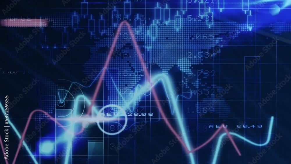 This animation is a digital simulation of a blue stocks and shares technology screen