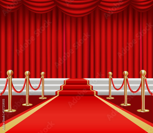 Red closed curtain in hall for ceremony, Golden fencing and red carpet leading to the stage. Vector illustration in realistic style.