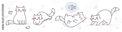 Vector set of illustration of happy cute cat character in different pose on white color background. Flat line art style design of animal cat