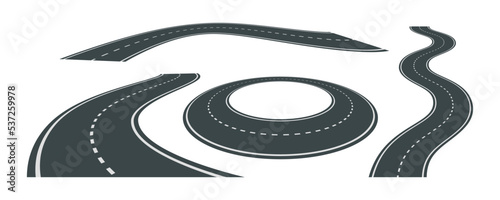 Vector illustration of bending roads with white markings isolated on white background. Set of asphalt roads in perspective view. Collection of empty straight and curved highways.
