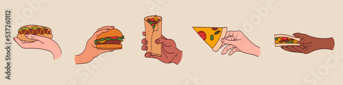 Hands holding fast food, street snacks set. Arms with takeaway pizza, burger, hot dog, sandwich and shawarma.