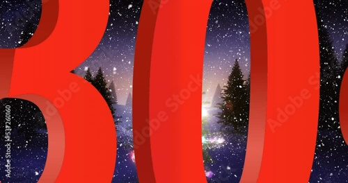 Animation of -30 percet text over christmas tree and winter landscape photo