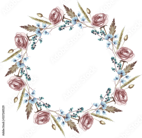 Roses and herbs wreath. Watercolor illustration