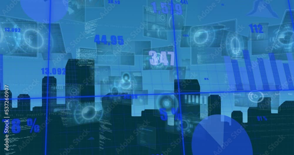 Animation of digital interface and data processing over cityscape on blue background Animation of digital interface and data processing over cityscape on blue background