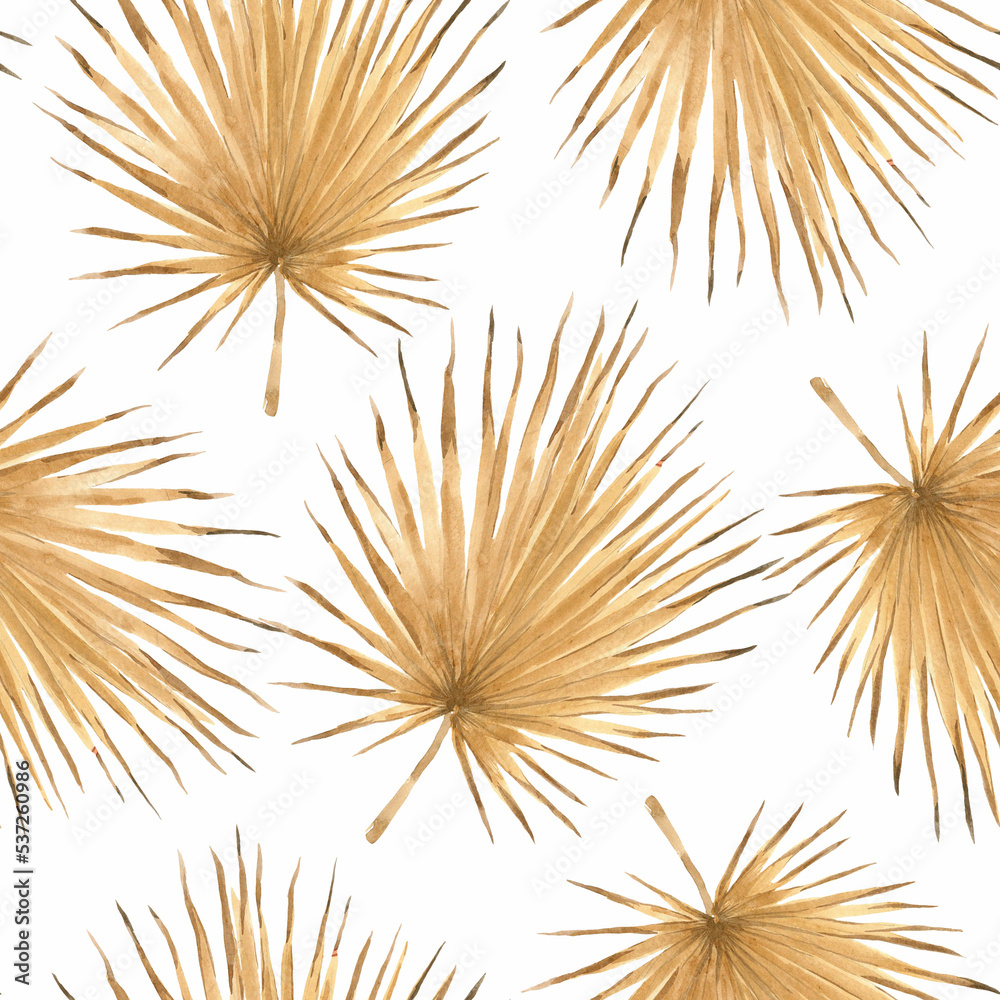 Fototapeta premium Beautiful tropical seamless pattern with watercolor hand drawn golden palm leaves. Stock illustration.