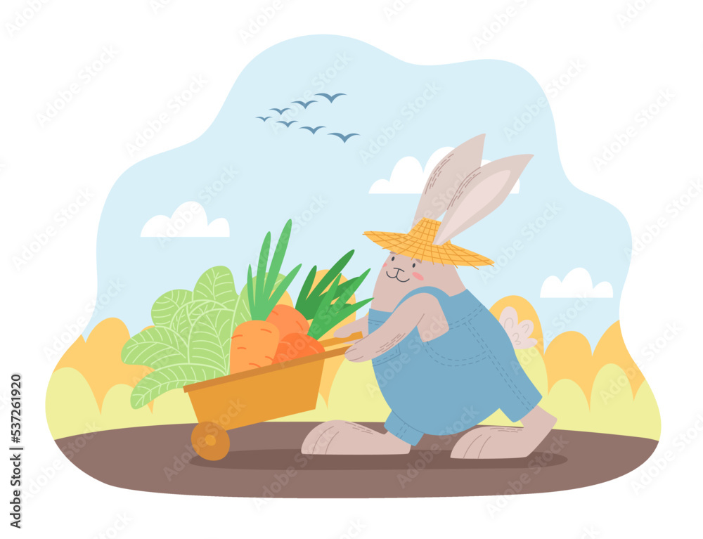 Fototapeta premium Funny rabbit gardener in a straw hat and denim jumpsuit. Cute bunny harvesting carrots and cabbage in the autumn. Vector illustration for postcards, design and decor. Year of the Rabbit.