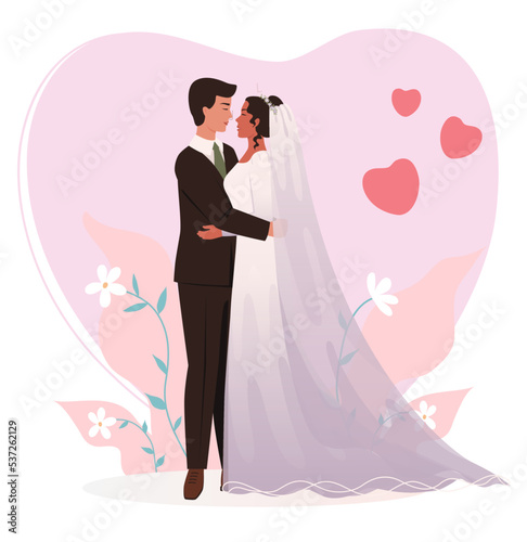 Bride and groom isolated. Newlyweds hugging each other. Marriage ceremony. Invitation  postcard. Banner. Flat vector illustration.