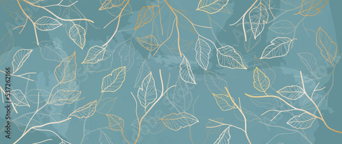 Artistic background with leaves and leaves on a gold-colored tree branch. Vector botanical pattern with watercolor texture in blue color for decorative design, print, wallpaper, textile, packaging