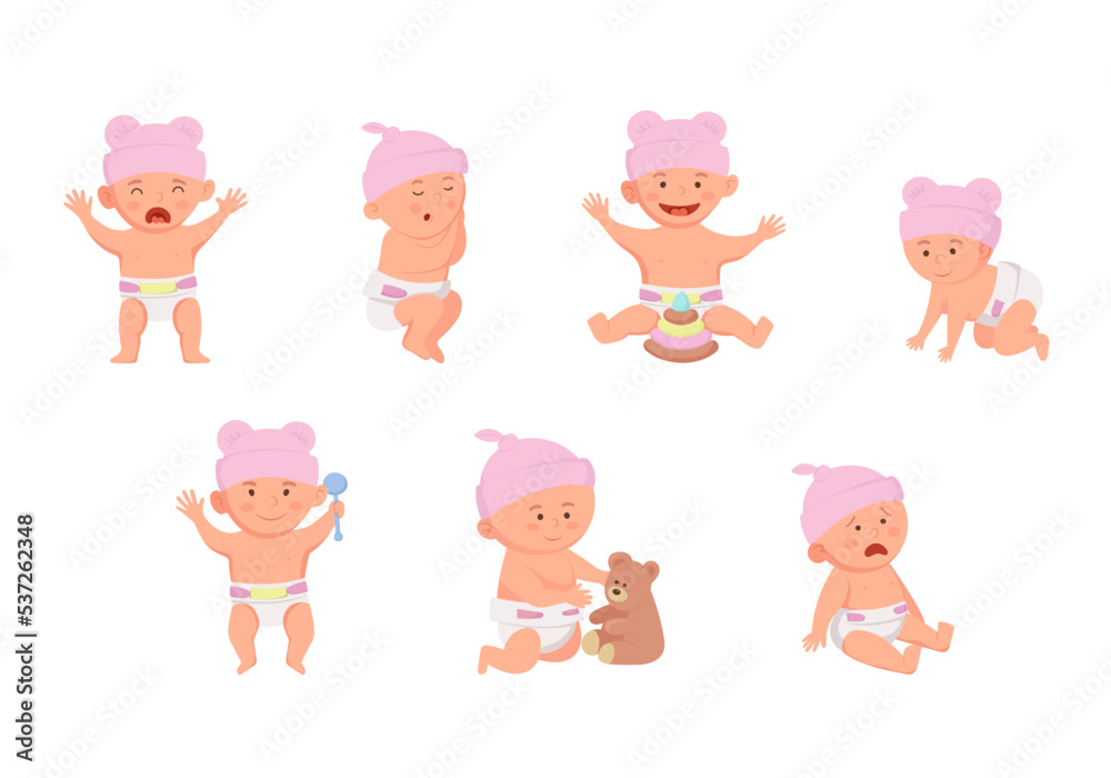Fototapeta premium Set with baby girl wearing pink hat. 