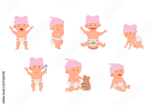 Set with baby girl wearing pink hat. 