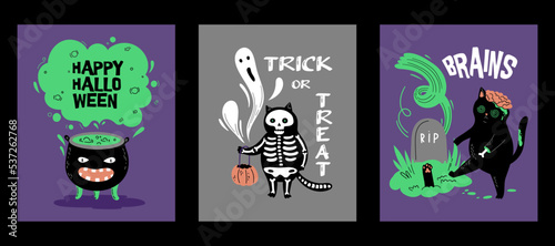 Collection of print with Funny cartoon black cat, zombie, skeleton and witch's cauldron. Hand Drawn Halloween cards design. Vampurr lettering