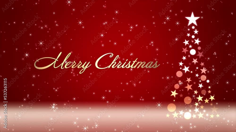 クリスマスツリーと色のついた背景にキラキラが舞い、クリスマスの文字が浮かび上がる クリスマスツリーと色のついた背景にキラキラが舞い、クリスマスの文字が浮かび上がる
