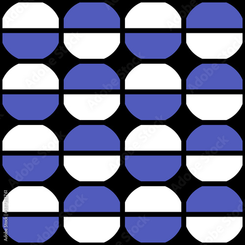 Patrón medios círculos en blanco y azul con barras verticales  negras sobre fondo negro con posibilidad de variación