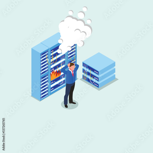 Servicing Server Racks with Burning Fire isometric 3d vector illustration concept for banner, website, illustration, landing page, flyer, etc.